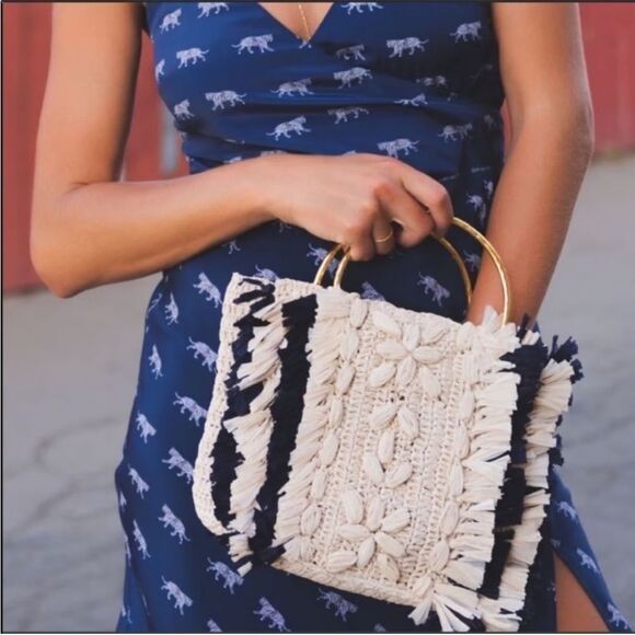 Cleobella Rocky Barnes Raffia Navy, Tan & Gold Handle‎ Handbag - Picture 3 of 10